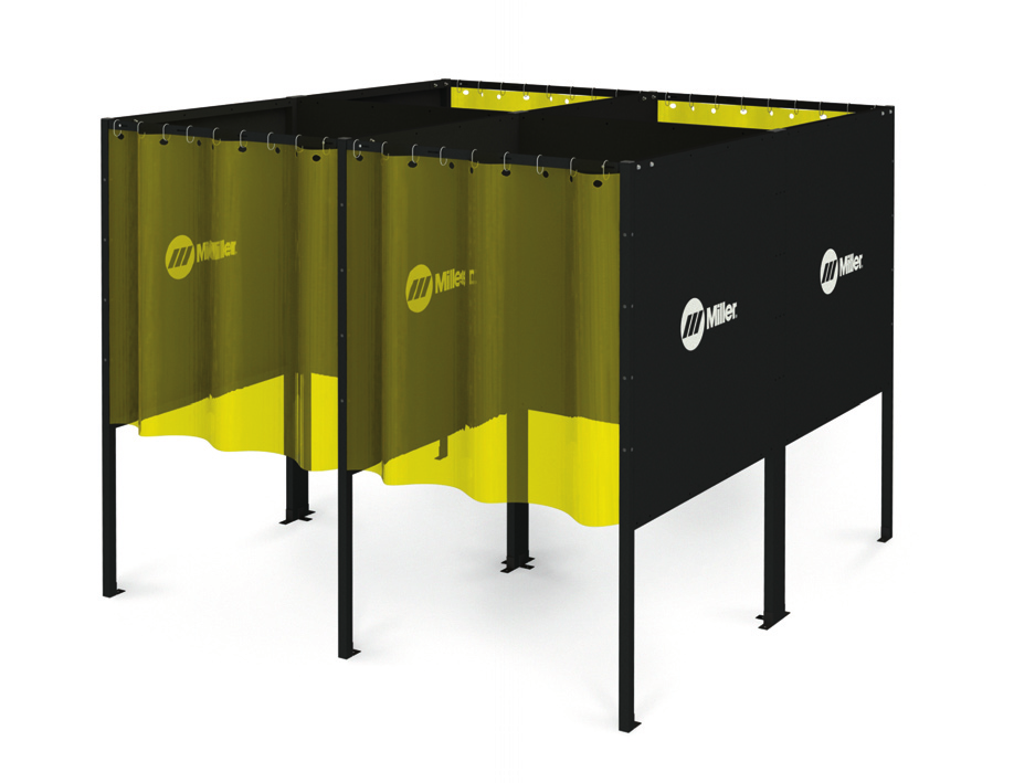 Miller modular weld booth with black panels and amber welding curtains