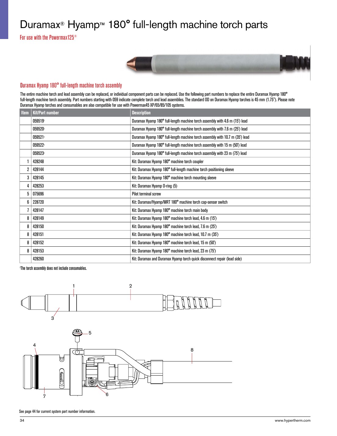 Duramax Hyamp 180 full-length machine torch parts catalog page