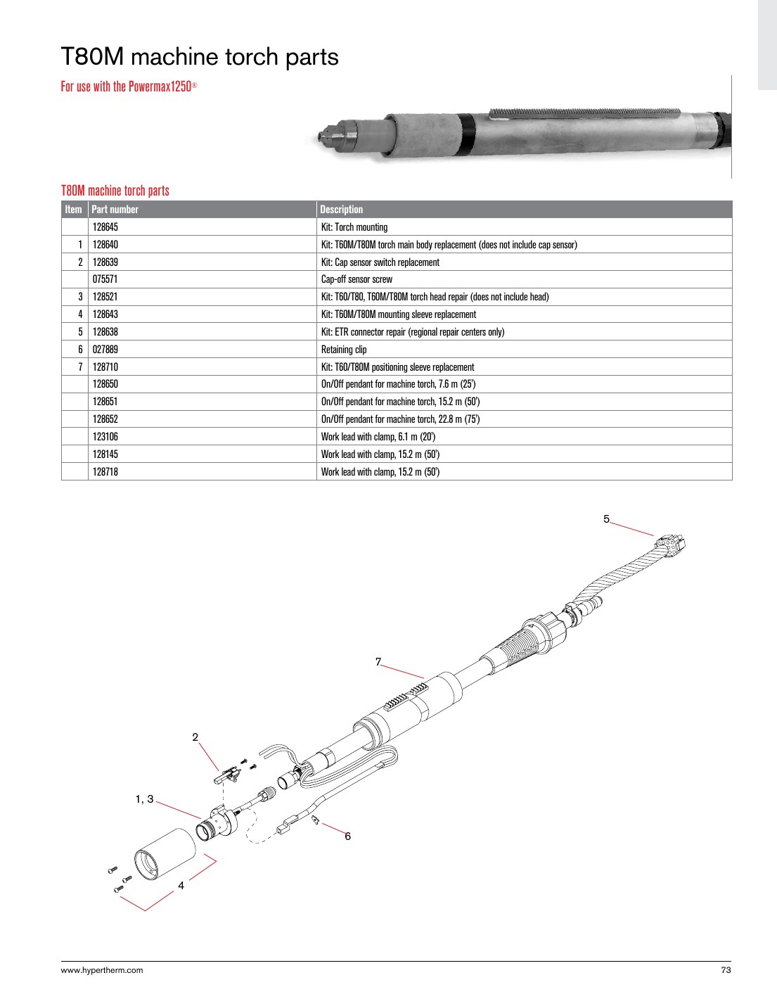 T80M machine torch parts catalog page