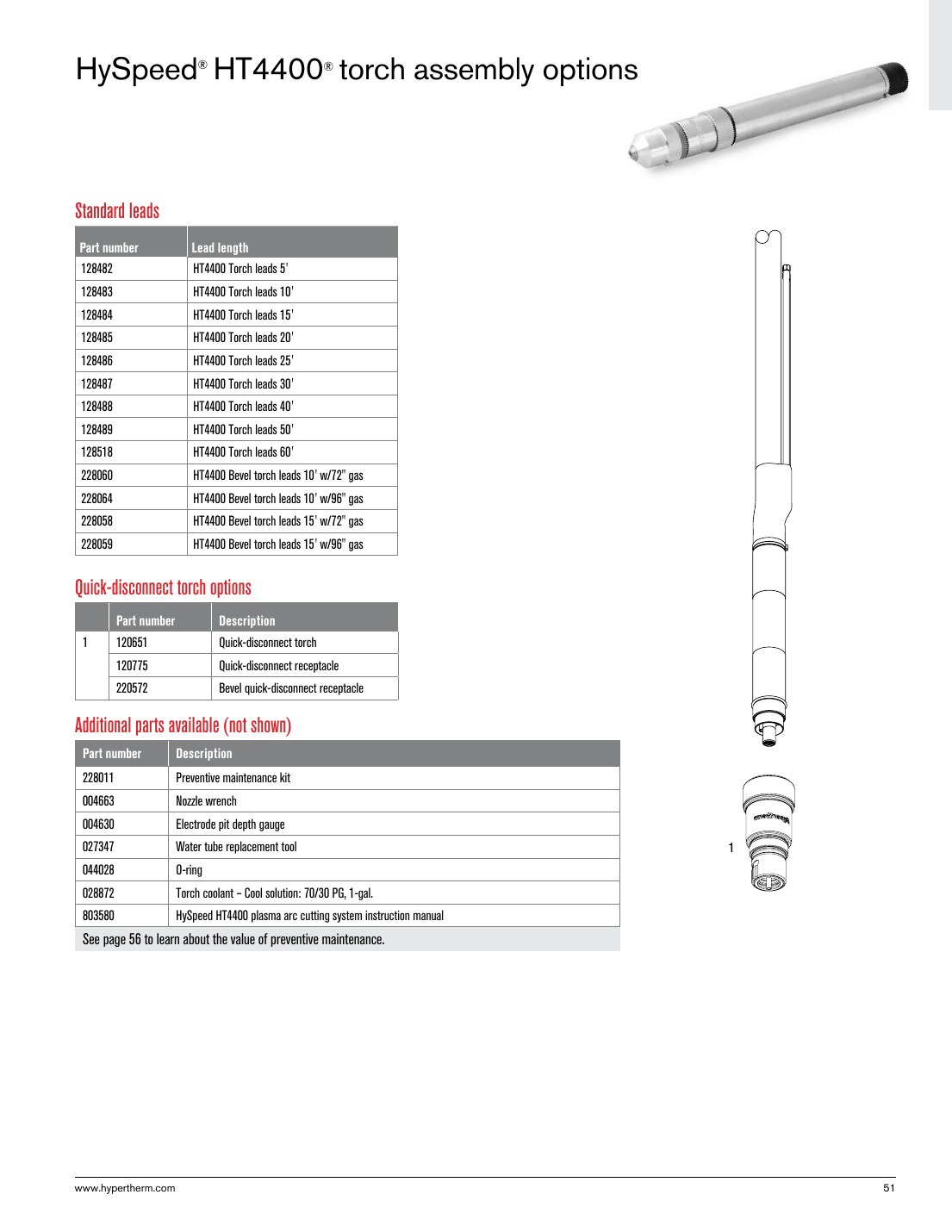 HySpeed HT4400 torch assembly options - 128489 HT4400 Torch leads 50' catalog page