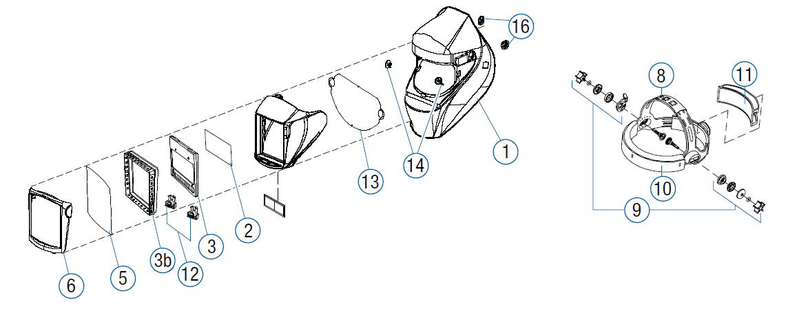 Welding helmet lens and cover lens parts diagram