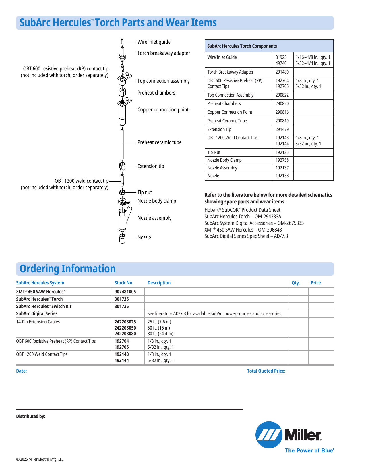 Miller SubArc Hercules torch parts and ordering information from DC/19.95